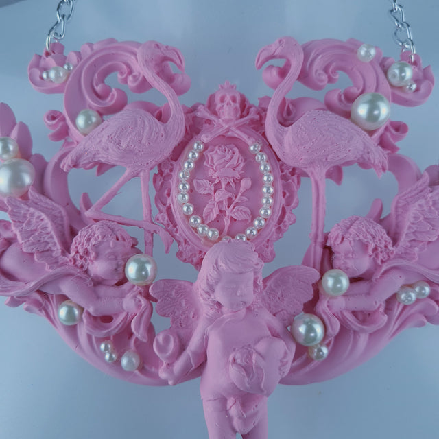 "Koibito" Pink Flamingo, Cherub, Filigree Pearl Neckpiece