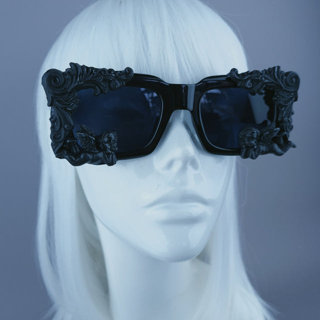 "Zenon" Black Filigree Cherub Unisex Square Sunglasses