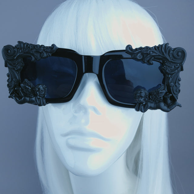 "Zenon" Black Filigree Cherub Unisex Square Sunglasses