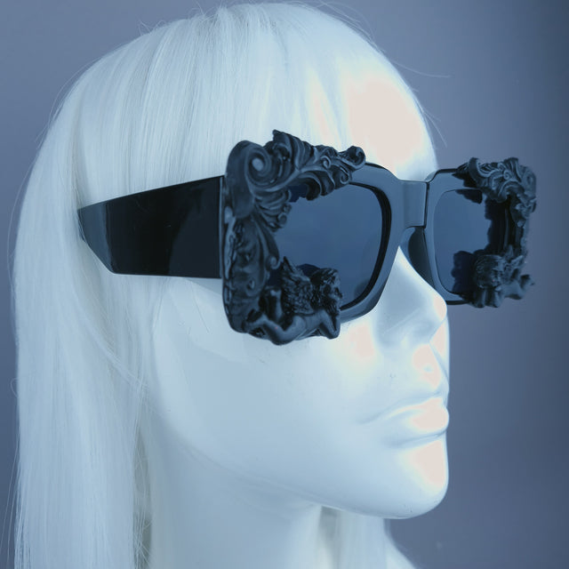 "Zenon" Black Filigree Cherub Unisex Square Sunglasses