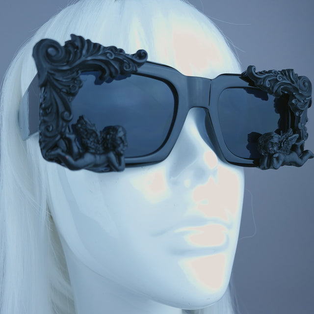 "Zenon" Black Filigree Cherub Unisex Square Sunglasses
