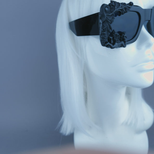 "Zenon" Black Filigree Cherub Unisex Square Sunglasses