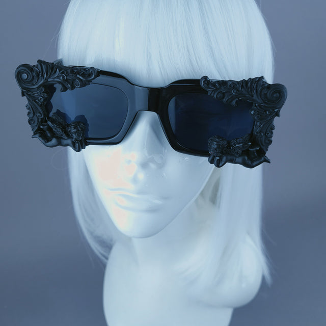 "Zenon" Black Filigree Cherub Unisex Square Sunglasses