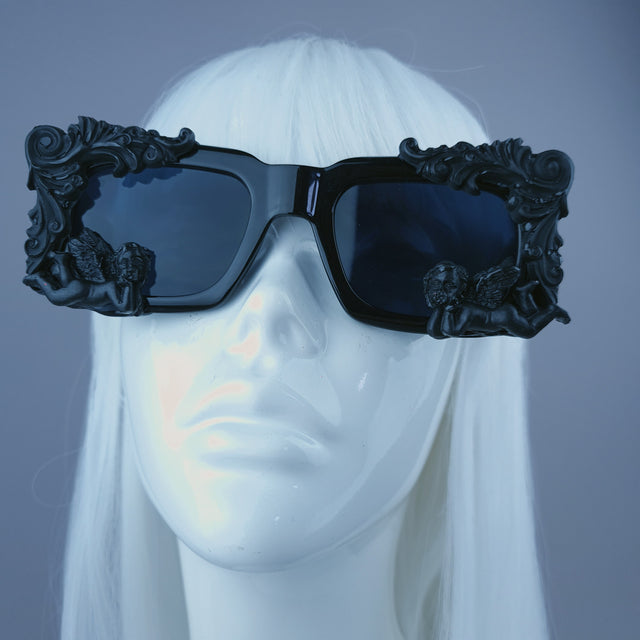 "Zenon" Black Filigree Cherub Unisex Square Sunglasses