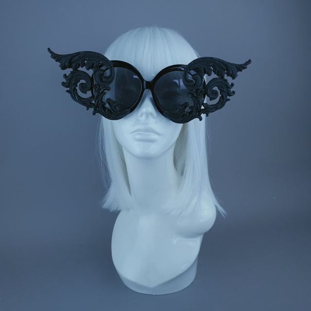 "Zaliki" Black Filigree Oversized Round Sunglasses