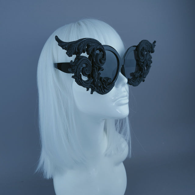 "Zaliki" Black Filigree Oversized Round Sunglasses