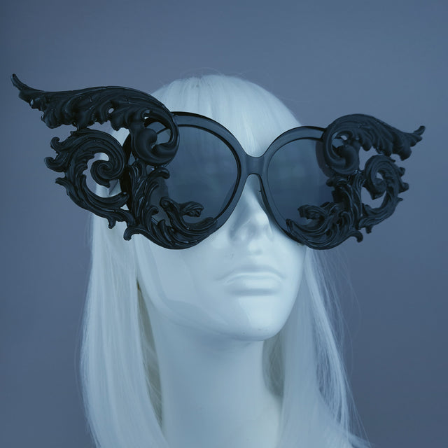 "Zaliki" Black Filigree Oversized Round Sunglasses