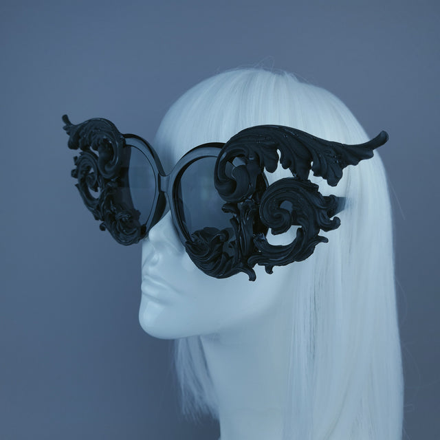 "Zaliki" Black Filigree Oversized Round Sunglasses