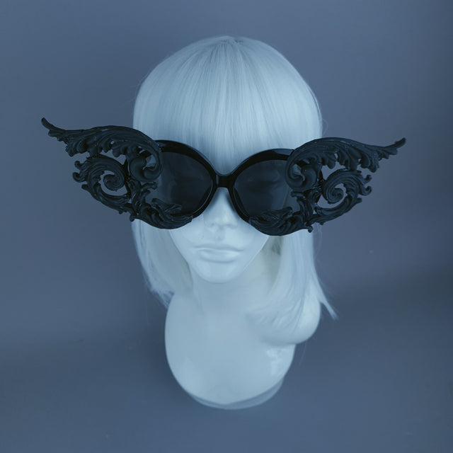 "Zaliki" Black Filigree Oversized Round Sunglasses