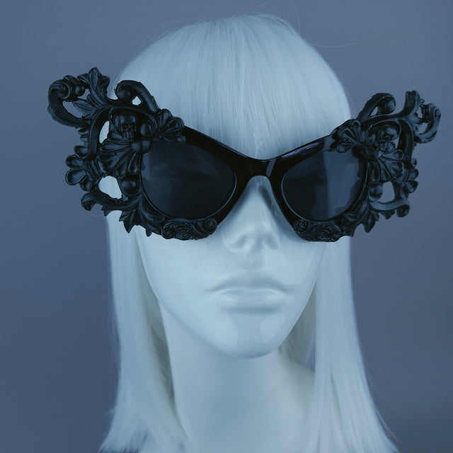 "Ziva" Black Filigree Skull Catseye Sunglasses