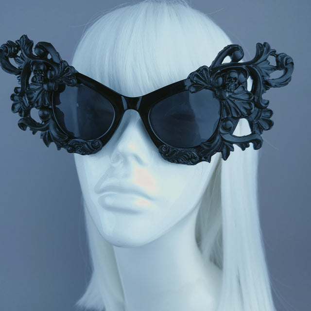"Ziva" Black Filigree Skull Catseye Sunglasses
