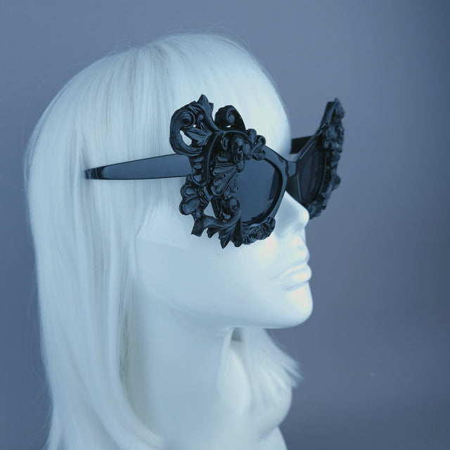 "Ziva" Black Filigree Skull Catseye Sunglasses