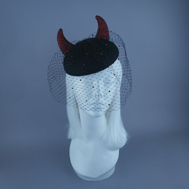 "The Devil Is A Woman" Red Crystal Horns Veil Fascinator Hat