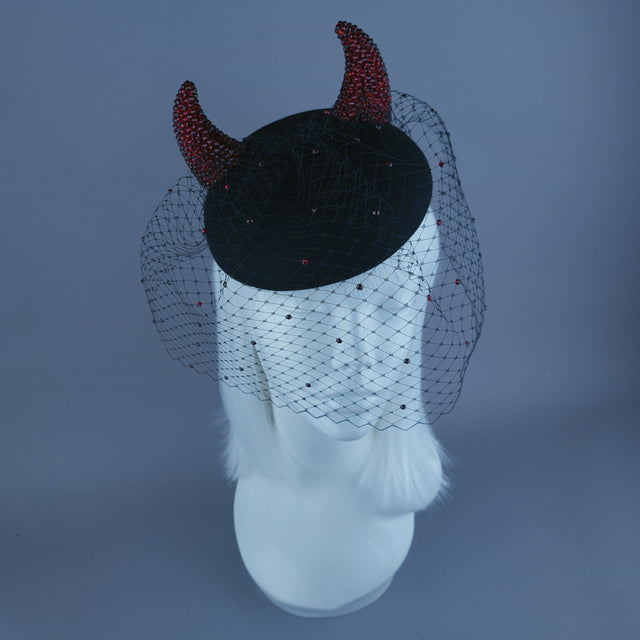 "The Devil Is A Woman" Red Crystal Horns Veil Fascinator Hat