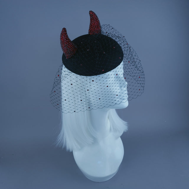 "The Devil Is A Woman" Red Crystal Horns Veil Fascinator Hat