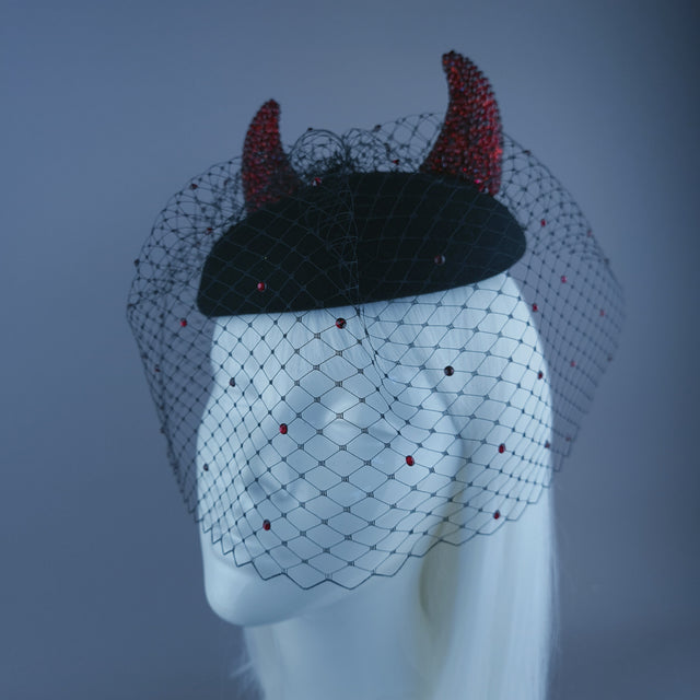"The Devil Is A Woman" Red Crystal Horns Veil Fascinator Hat
