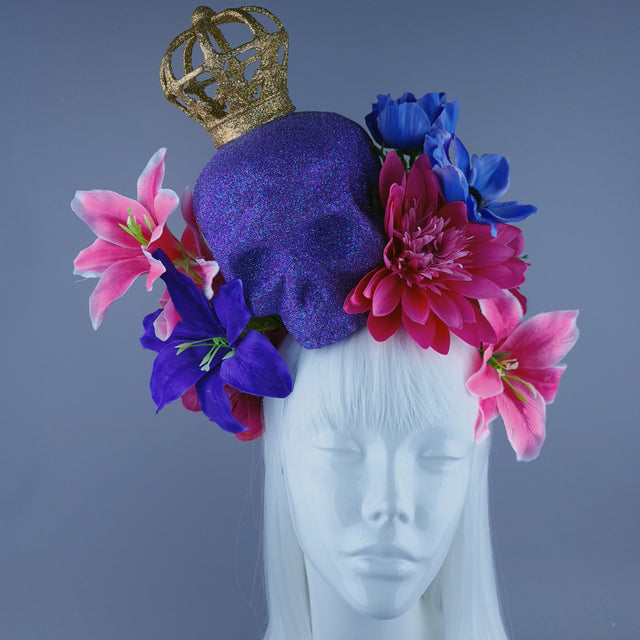 Large Purple & Pink Glitter Skull & Flower Headdress