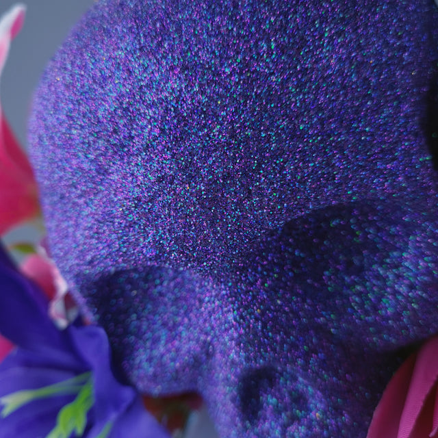 Large Purple & Pink Glitter Skull & Flower Headdress