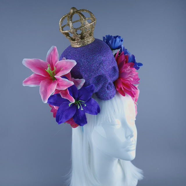 Large Purple & Pink Glitter Skull & Flower Headdress