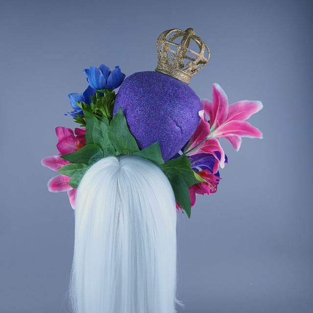 Large Purple & Pink Glitter Skull & Flower Headdress