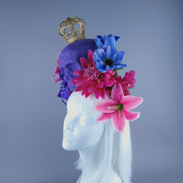 Large Purple & Pink Glitter Skull & Flower Headdress