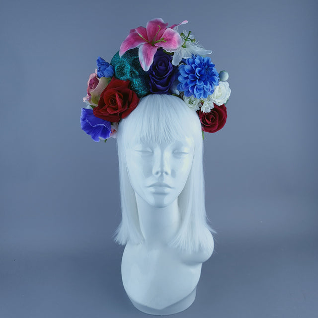 Colourful Teal Glitter Skull & Flower Headdress