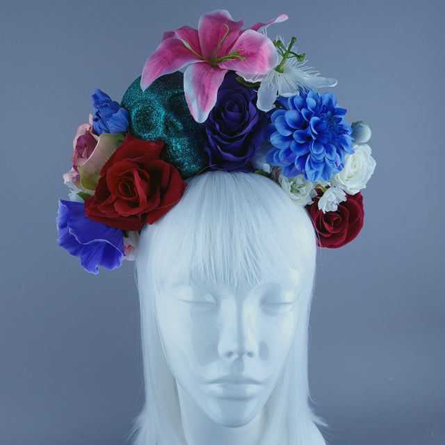 Colourful Teal Glitter Skull & Flower Headdress