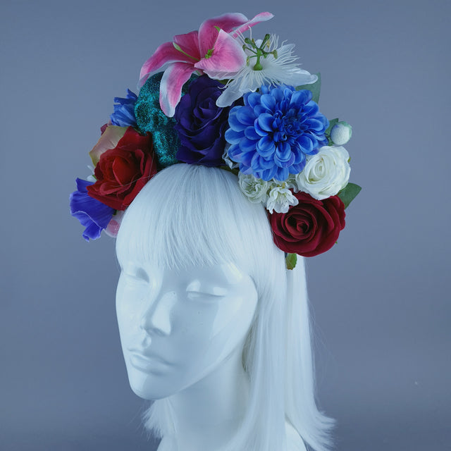 Colourful Teal Glitter Skull & Flower Headdress