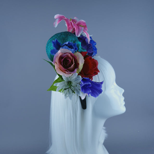 Colourful Teal Glitter Skull & Flower Headdress