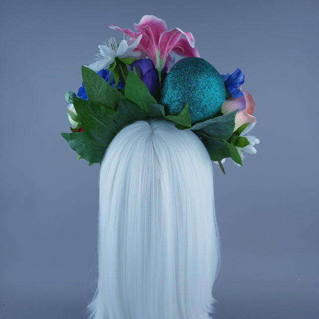Colourful Teal Glitter Skull & Flower Headdress