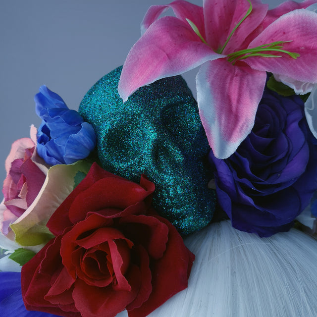 Colourful Teal Glitter Skull & Flower Headdress