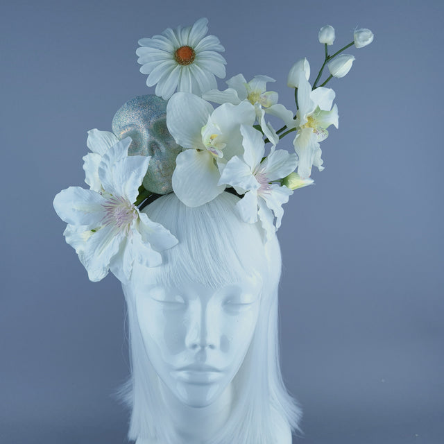 White Ivory Glitter Skull & Flower Headdress