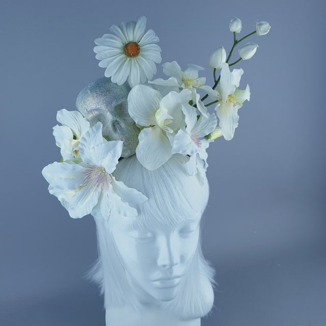 White Ivory Glitter Skull & Flower Headdress