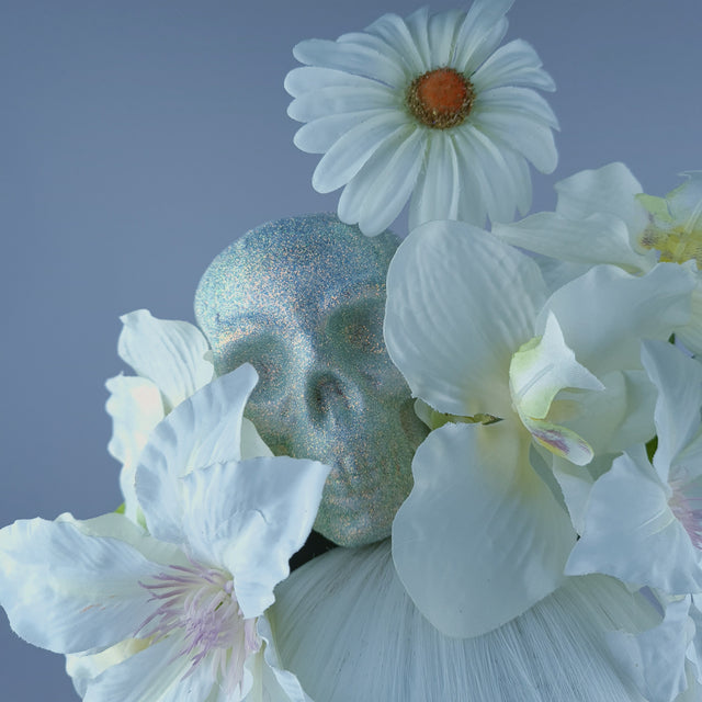 White Ivory Glitter Skull & Flower Headdress