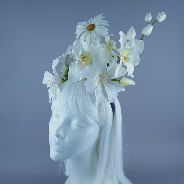 White Ivory Glitter Skull & Flower Headdress