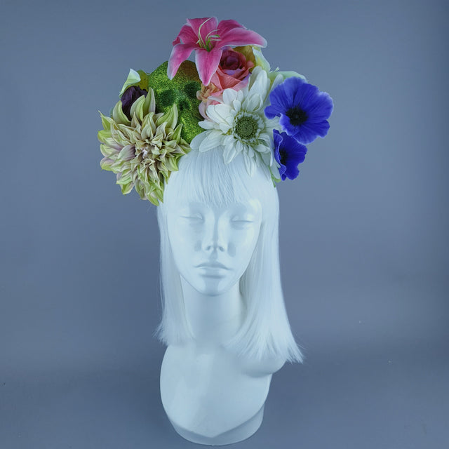 Colourful Green Glitter Skull & Flower Headdress