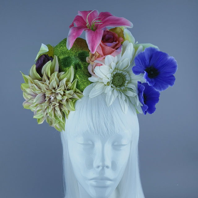 Colourful Green Glitter Skull & Flower Headdress