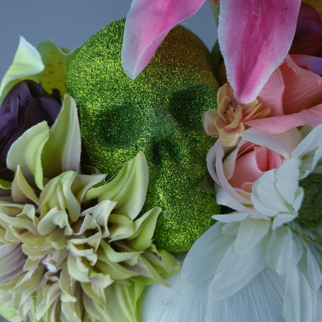 Colourful Green Glitter Skull & Flower Headdress