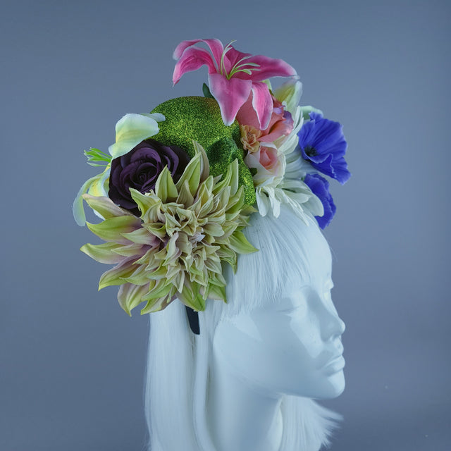 Colourful Green Glitter Skull & Flower Headdress
