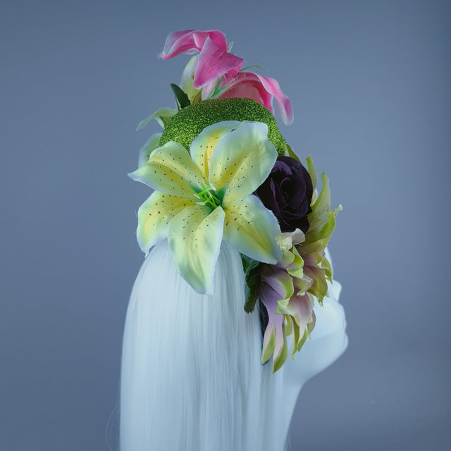 Colourful Green Glitter Skull & Flower Headdress