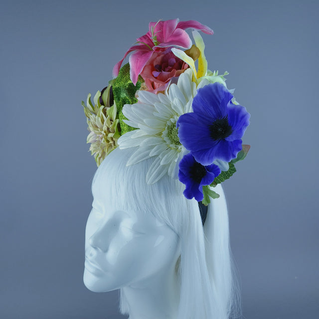 Colourful Green Glitter Skull & Flower Headdress