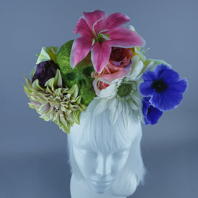 Colourful Green Glitter Skull & Flower Headdress