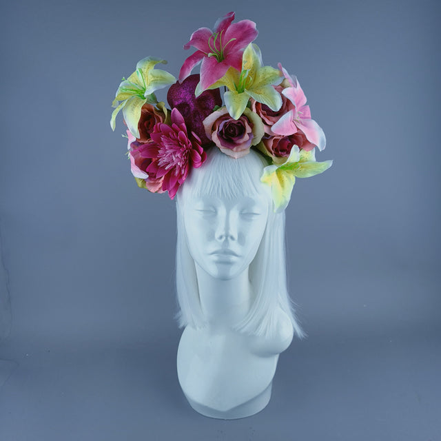 Pink & Yellow Glitter Skull & Flower Headdress