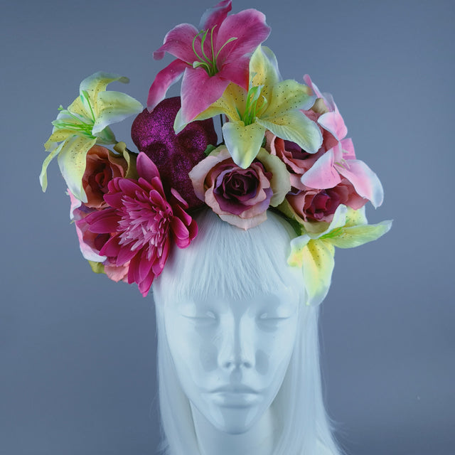 Pink & Yellow Glitter Skull & Flower Headdress