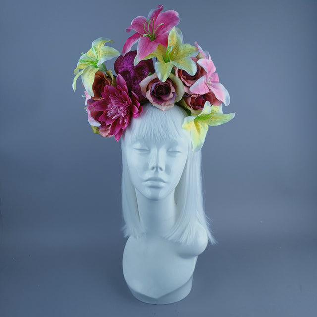 Pink & Yellow Glitter Skull & Flower Headdress