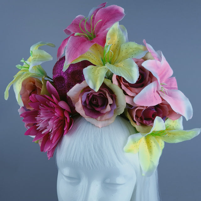 Pink & Yellow Glitter Skull & Flower Headdress