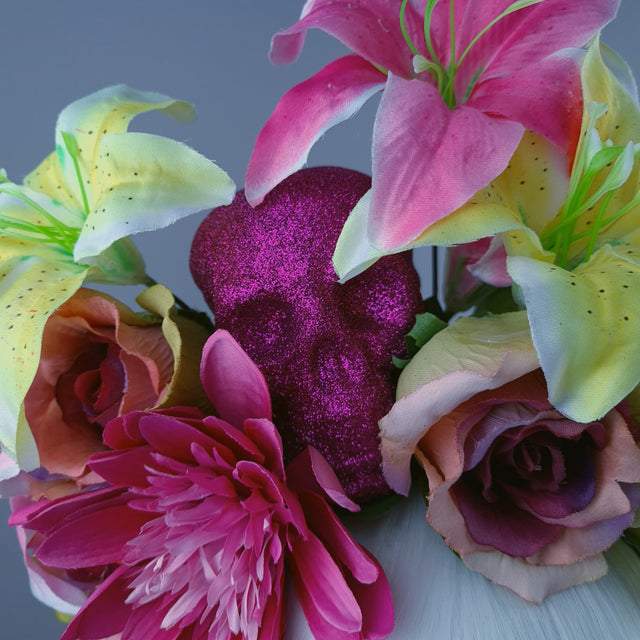 Pink & Yellow Glitter Skull & Flower Headdress