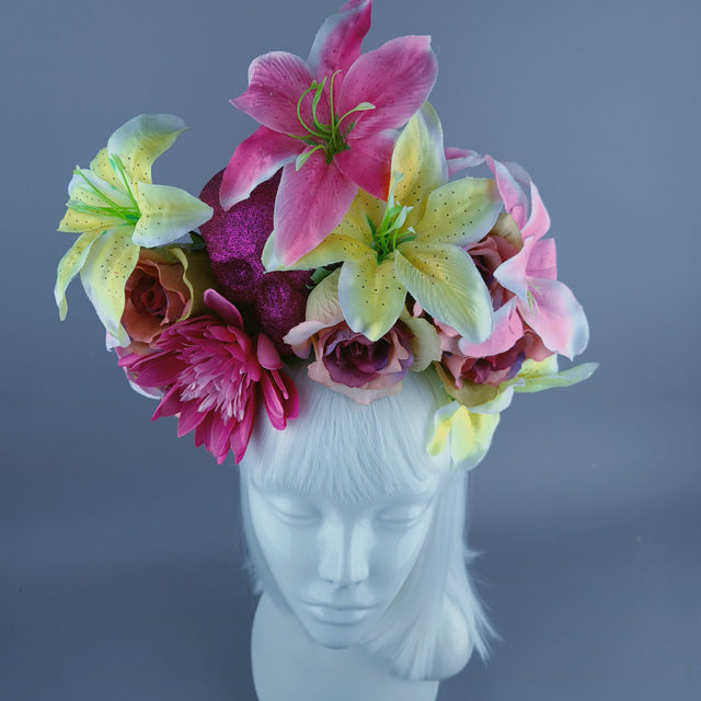 Pink & Yellow Glitter Skull & Flower Headdress