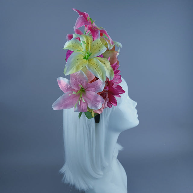 Pink & Yellow Glitter Skull & Flower Headdress