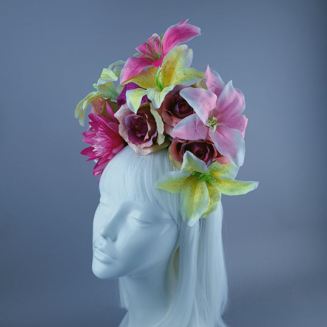 Pink & Yellow Glitter Skull & Flower Headdress